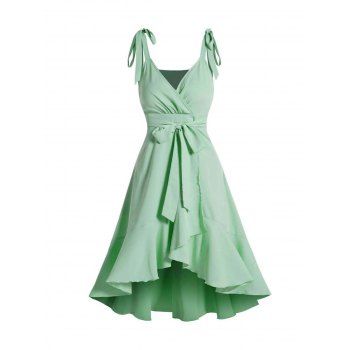 

Solid Color Surplice Plunge Midi Dress Bowknot Tie Shoulder Belted Overlap Flounce High Waist Dress, Light green