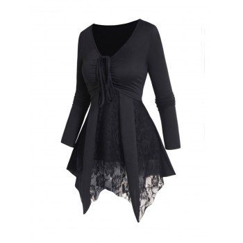 

Plain Color Top See Thru Flower Lace Panel Cinched Full Sleeve Asymmetrical Long Top, Black