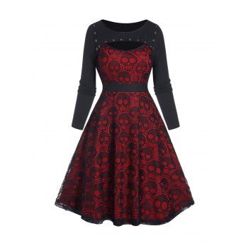 

Skull Lace Panel Long Sleeve Colorblock Gothic Dress Peekaboo Cut Out Grommet Mini Dress, Black