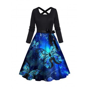 

Dreamy Butterfly Print A Line Dress Cross Bowknot Belted Long Sleeve Dress, Black