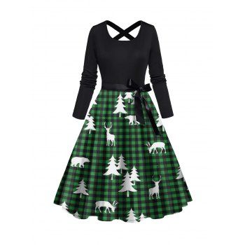 

Christmas Tree Elk Plaid Print Combo Dress Long Sleeve Belted High Waist A Line Ugly Christmas Dress, Deep green