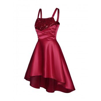 

Sequined Panel Party Dress Crossover Ruched High Waisted High Low Mini Dress, Deep red