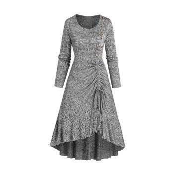 

Space Dye Dress Midi Dress Mock Button Cinched Flounce Long Sleeve High Low Dress, Light gray
