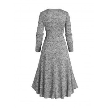 Space Dye Dress Midi Dress Mock Button Cinched Flounce Long Sleeve High Low Dress 