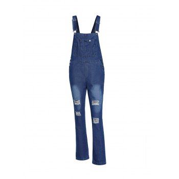

Ripped Dungaree Jumpsuit Pockets Adjustable Strap Long Straight Leg Denim Overall, Deep blue