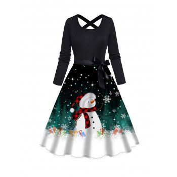 

Christmas Snowflake Snowman Print A Line Dress Crisscross Bowknot Belted Long Sleeve Dress, Black