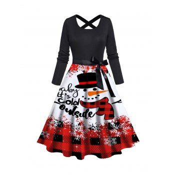 

Christmas Cute Snowman Letter Plaid Graphic Dress Cross Back Bowknot Belt Long Sleeve Dress, Red