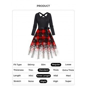 Christmas Snowflake Plaid Print A Line Dress Bowknot Belted Back Cross Long Sleeve Dress