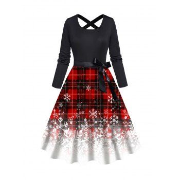 

Christmas Snowflake Plaid Print A Line Dress Bowknot Belted Back Cross Long Sleeve Dress, Red