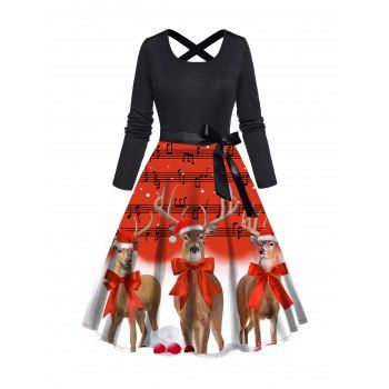 

Christmas Elk Music Notes Print A Line Dress Back Cross Bowknot Belted Long Sleeve Dress, Red