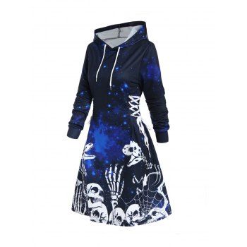 

Halloween Hoodie Dress Galaxy Skeleton Skull Print Drawstring Long Sleeve A Line Mini Hooded Dress, Deep blue