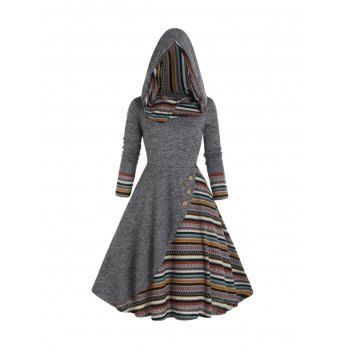 

Tribal Colorful Stripe Panel Hooded Knit Dress Mock Button Long Sleeve A Line Knitted Dress, Gray