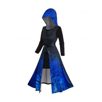 

Halloween Bat Tree Branches Print High Slit Long Hooded Dress And Lace Panel Long Sleeve Mini Tee Dress Two Piece Set, Blue