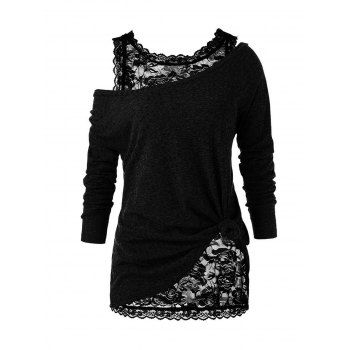 

Two Piece Top Sheer Floral Lace Tank Top And Solid Color Knit Textured Long Sleeve T Shirt Skew Neck Casual Top, Black