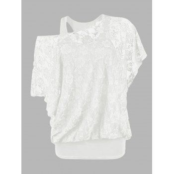 

Solid Color Cami Top And Sheer Rose Lace Bat Sleeve Skew Neck T Shirt Casual Gothic Two Piece Top, White