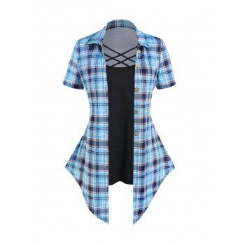 

Plus Size Faux Twinset T Shirt Plaid Print Crisscross Mock Button Colorblock T Shirt, Light blue