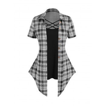 

Plus Size Faux Twinset T Shirt Plaid Print Crisscross Mock Button Colorblock T Shirt, Black