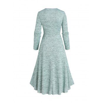 Space Dye Dress Midi Dress Mock Button Cinched Flounce Long Sleeve High Low Dress 