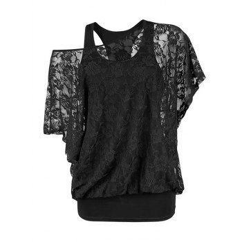 

Solid Color Cami Top And Sheer Rose Lace Bat Sleeve Skew Neck T Shirt Casual Gothic Two Piece Top, Black