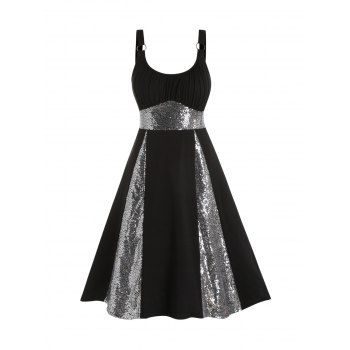 

Sparkly Sequins Party Dress Ruched Bust Empire Waist Dress O Ring Straps Godet Dress, Black