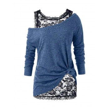 

Two Piece Top Sheer Floral Lace Tank Top And Solid Color Knit Textured Long Sleeve T Shirt Skew Neck Casual Top, Blue