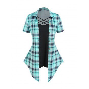 

Plus Size Faux Twinset T Shirt Plaid Print Crisscross Mock Button Colorblock T Shirt, Blue