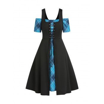 

Plaid Print Off the Shoulder High Waisted Dress and Lace Up Solid Color Sleeveless Tank Dress Two Piece Set, Deep green