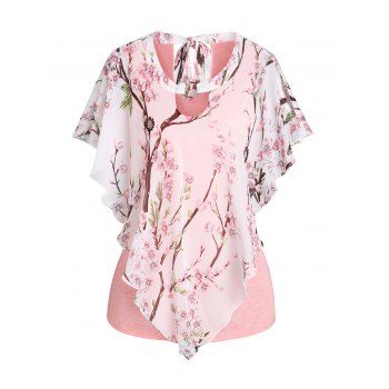 

Peach Bloom Floral Asymmetric Chiffon T Shirt 2 In 1 Cut Out Heathered Summer Tee, Light pink