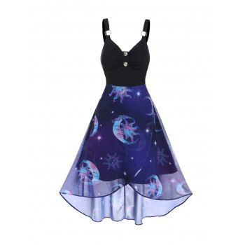 

Vintage Dress Sun Moon Print Dress Empire Waist Mock Button Mesh High Low Midi Dress, Purple