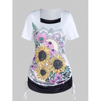 

Summer T Shirt Sunflower Print T-shirt Cinched Tie Colorblock Tee Short Sleeve T Shirt, White