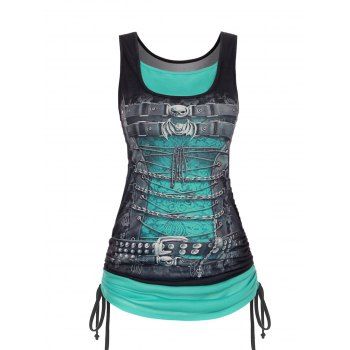 

Gothic Tank Top Contrast Colorblock Skull Bat Printed Cinched Lace Up Summer Casual Tank Top, Green