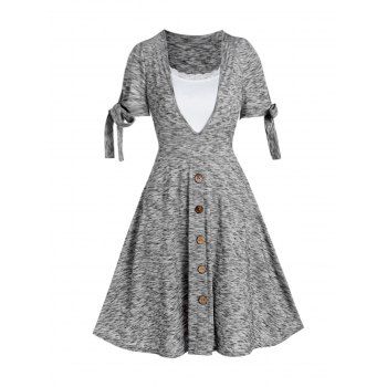 

Space Dye Dress Mock Button Bowknot Lace Panel High Waist Summer A Line Mini Dress, Light gray