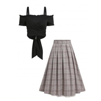 

Cold Shoulder Crossover Ruffle Wrap Top And Plaid Print Flare Skirt Two Piece Set, Light coffee