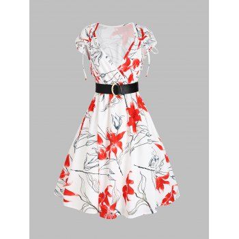 

Vacation Casual A Line Knee Length Dress Floral Print Surplice Cinched Belted Plunging Summer Dress, White