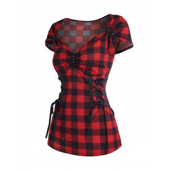 

Corset Lace Up T Shirt Sweetheart Neck Plaid Checkerboard Tee, Red