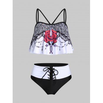 

Dagger Rose Print Colorblock Padded Tankini Swimsuit, Black