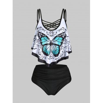 

Gothic Tankini Swimsuit Ruffle Butterfly Print Bathing Suit Crisscross Tummy Control Swimwear, Black