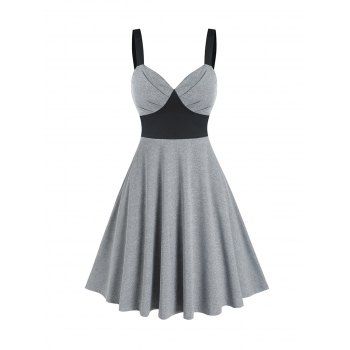 

Two Tone Mini Dress Sweetheart Neck Flare Dress Ruched Bust Sleeveless A Line Dress, Gray