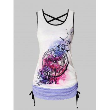 

Clock Floral Print Cinched Criss Cross Ringer Tank Top, White