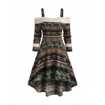 

Knitted Tribal Print Cold Shoulder High Low Dress, Puce