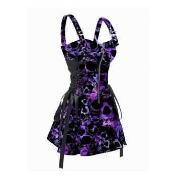 

Skull Allover Print Buckle Strap Dress Lace Up Zip Front Gothic Mini Dress, Black