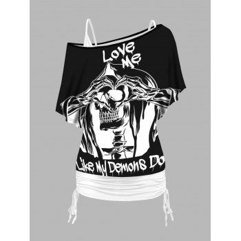 

Skull and Slogan Print Oblique Shoulder T Shirt and Cinched Ruched Tank Top Set, Multicolor