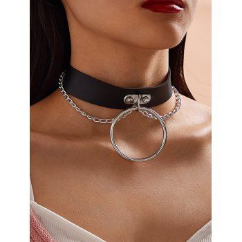 

O Ring Chain PU Snap Button Punk Choker Necklace, Black