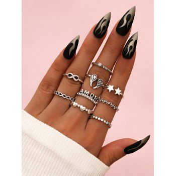 

9Pcs Wing Star Heart Letter Pattern Round Finger Rings Set, Silver