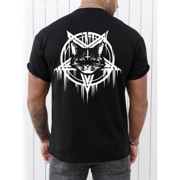 

Cat and Pentagram Print T Shirt Round Neck Short Sleeve Casual Tee, Black