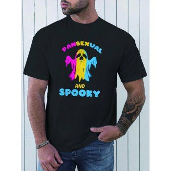 

Ghost and Slogan Print T Shirt Round Neck Short Sleeve Casual Tee, Black