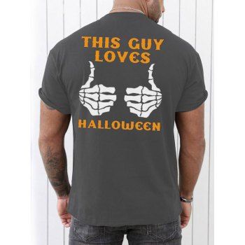 

Skeleton and Slogan Print T Shirt THIS GUY LOVES HALLOWEEN Print Casual Tee, Gray