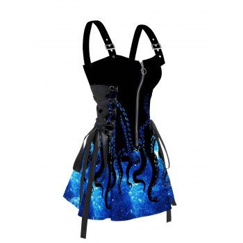 

Galaxy Octopus Print Lace Up Mini Dress Half Zipper Adjustable Buckle Strap Dress, Blue