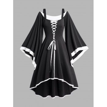 

Two Tone Lace Up High Low Dress Cold Shoulder Flare Sleeve Midi Dress, Black