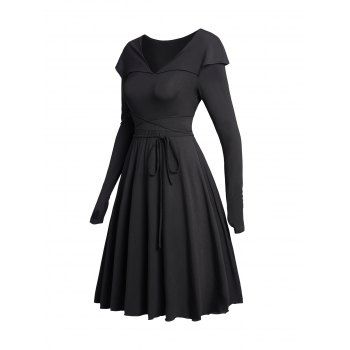 

Solid Color Thumb Hole Long Sleeve Mini Dress Belted Doll Collar A Line Dress, Black